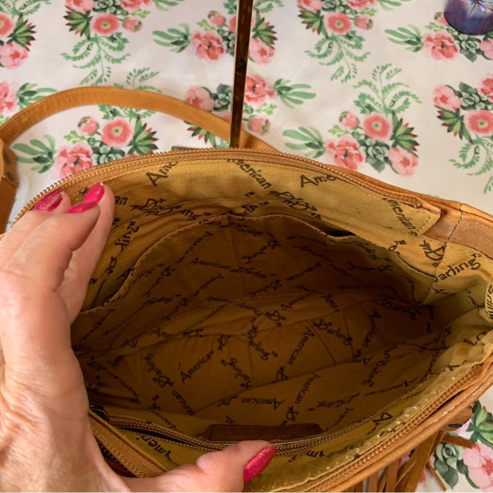 🌟Price Drop🌟❤️American Darling Tan Leather & Tooling Fringed Shoulder Bag - Picture 12 of 14